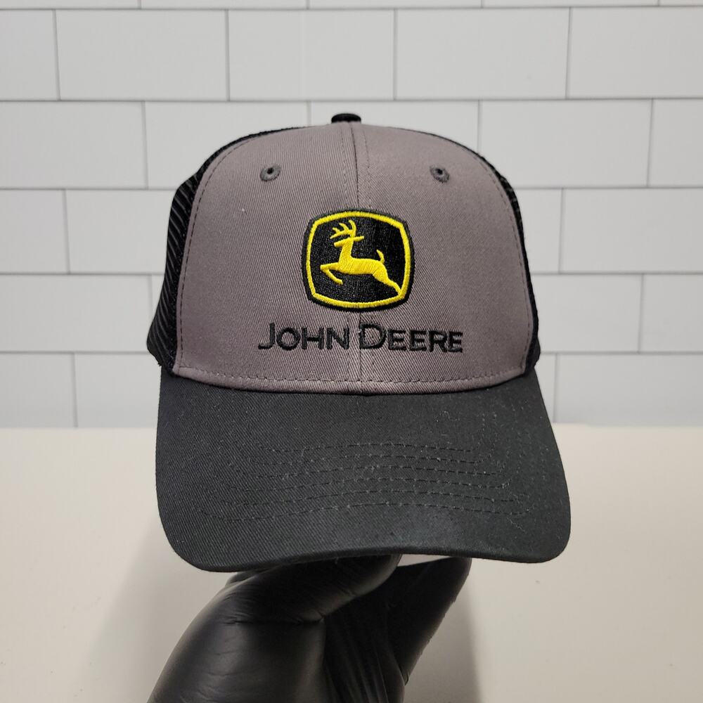 John Deere Trucker Hat Gray Black Mesh Snapback Yellow Logo Farm Tractor Cap